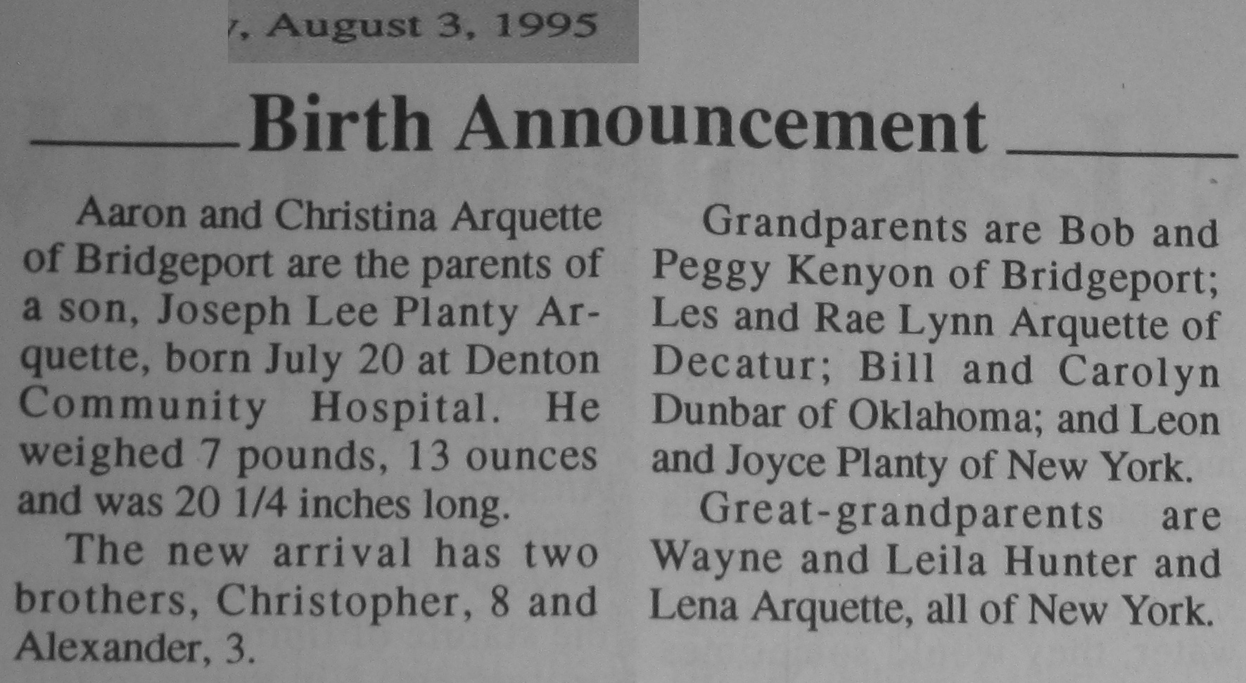 Birth & Birthday Announcements from the Bridgeport Index Newspaper